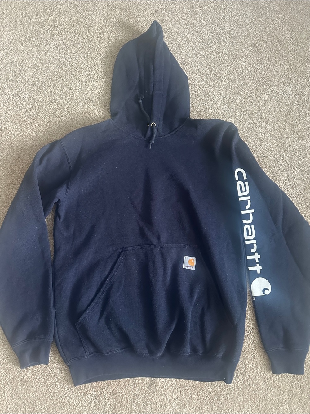Carhartt Navy Hoodie with White Sleeve Logo